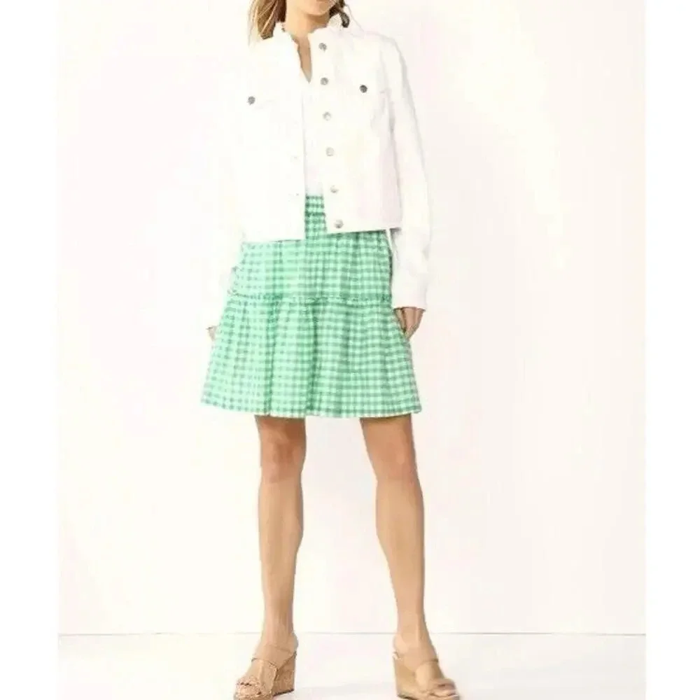 NWT DRAPER JAMES RSVP Women's Green and White Gingham Tiered A-Line Skirt XXL